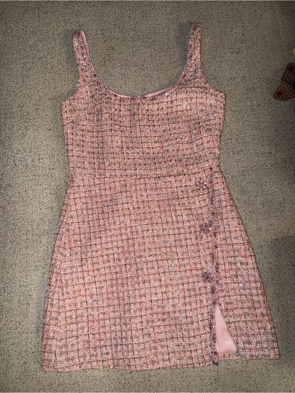 Self-Portrait Pink Tweed Square-Neck Mini Dress with Side Slit